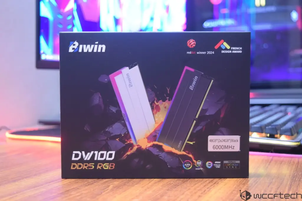 A Biwin DV/100 DDR5 RGB RAM package is displayed, highlighting