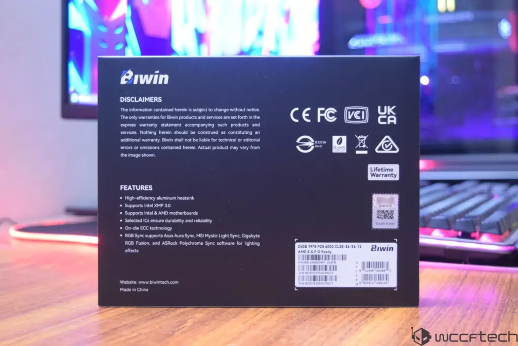 The back of a Biwin product box lists features such as high-efficiency aluminum heatsink and supports Intel XMP 3.0, with logos for certifications and a label stating
