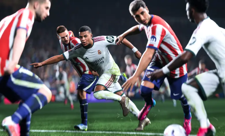 لاعبون يتنافسون على الكرة في مباراة من لعبة EA Sports FC 27