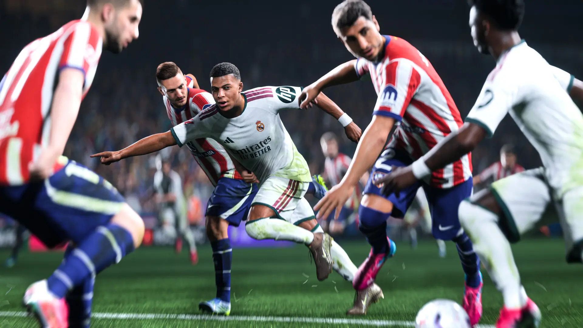 لاعبون يتنافسون على الكرة في مباراة من لعبة EA Sports FC 27