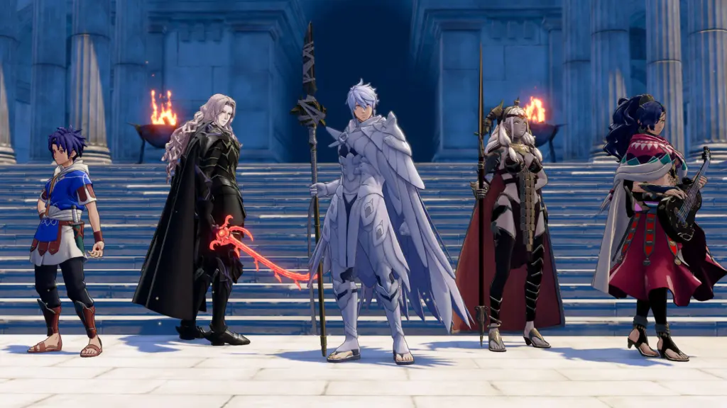 أبطال Fire Emblem: Fortune's Weave يقفون على درج قصر