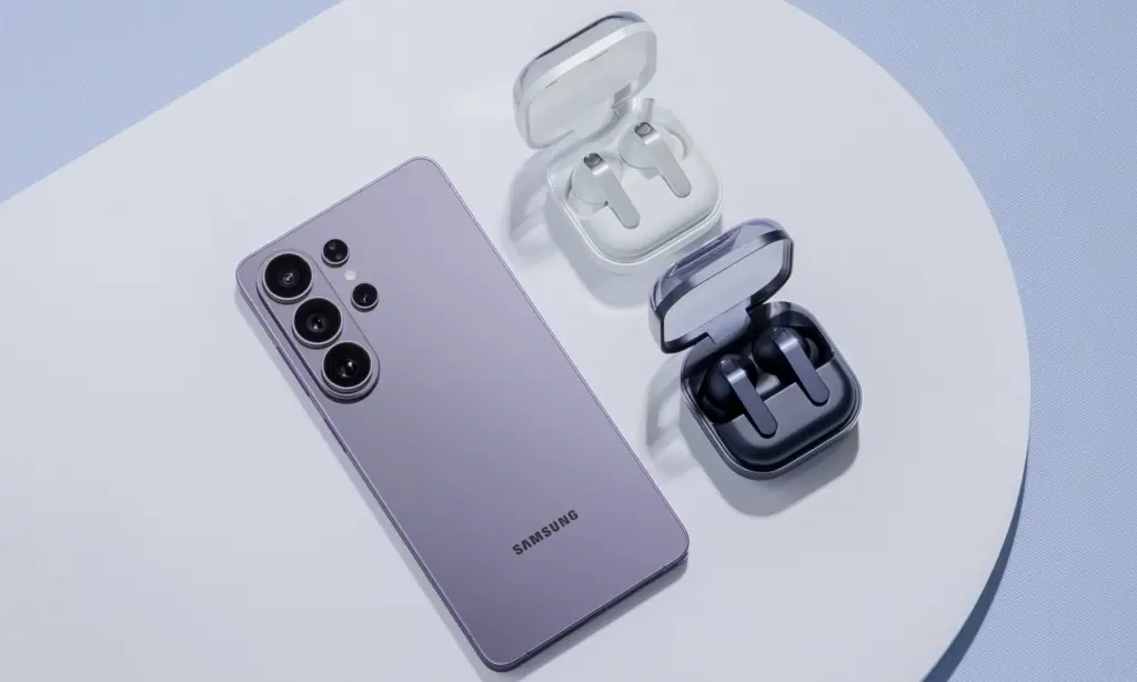سماعات Galaxy Buds4 Pro بجانب هاتف Galaxy S26