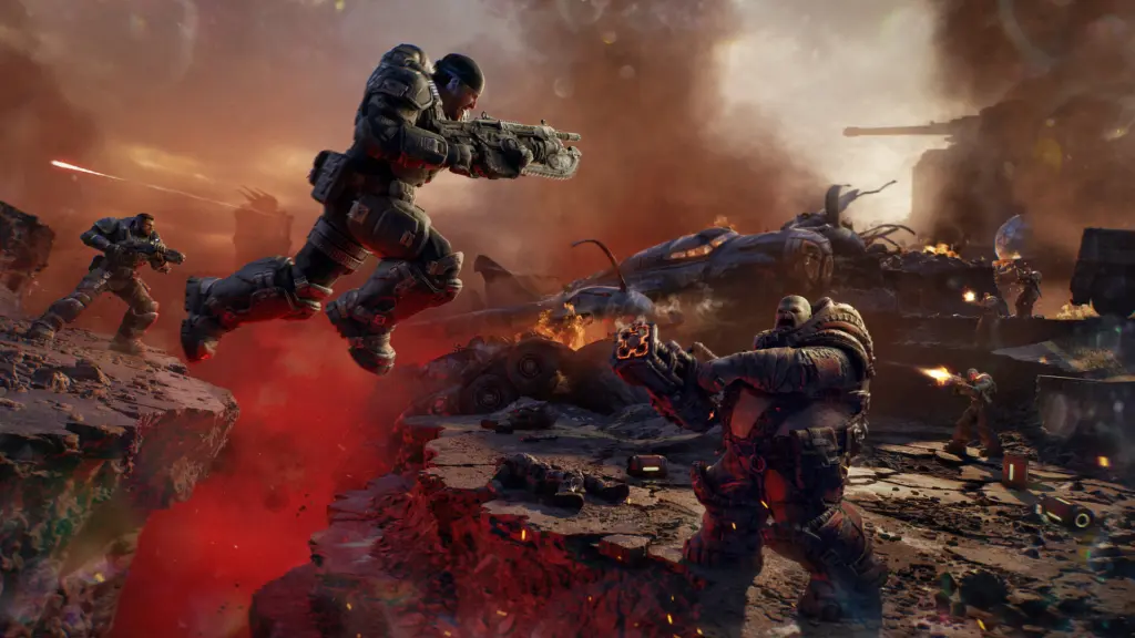 جندي يقفز فوق الركام أثناء القتال في Gears of War: E-Day