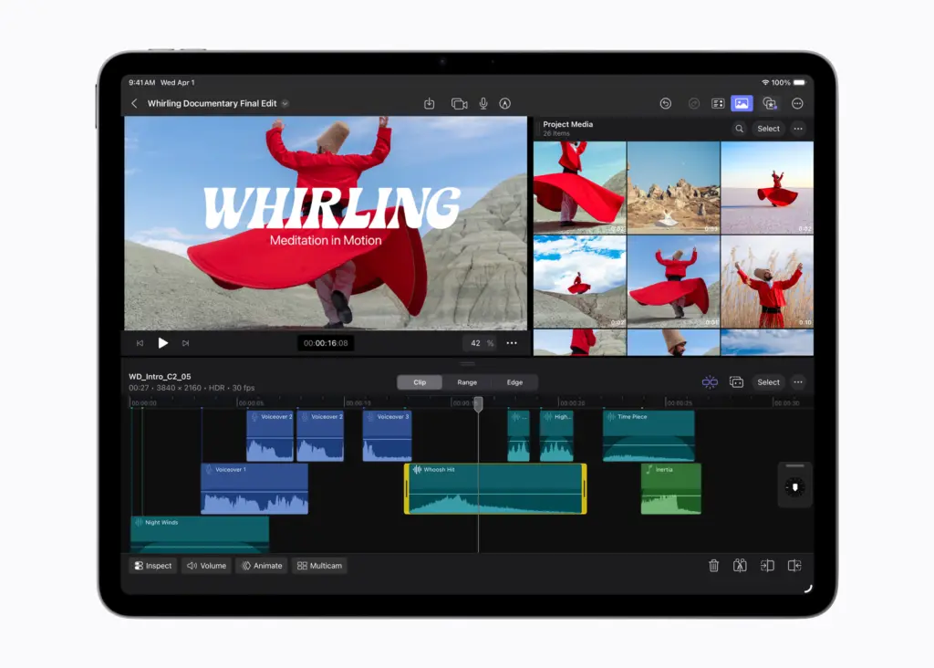 تحرير الفيديو بتطبيق Final Cut Pro على iPad Air M4