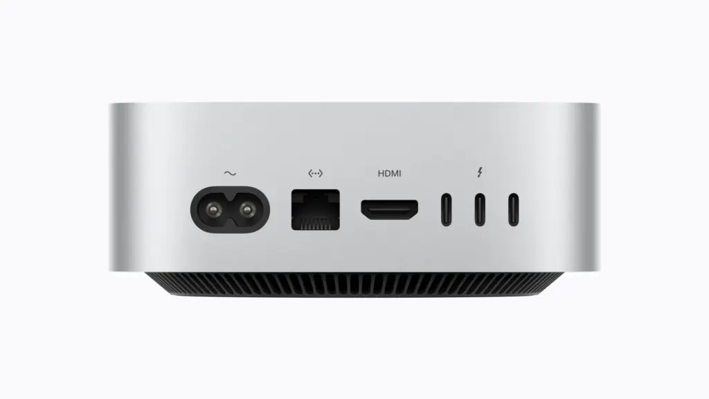 المنافذ الخلفية لجهاز Mac mini M6: ثلاثة Thunderbolt وHDMI وإيثرنت