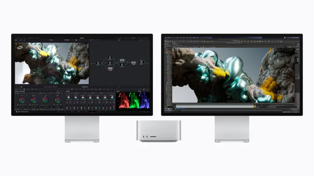 جهاز Mac Studio M5 موصول بشاشتين تعرضان DaVinci Resolve وHoudini