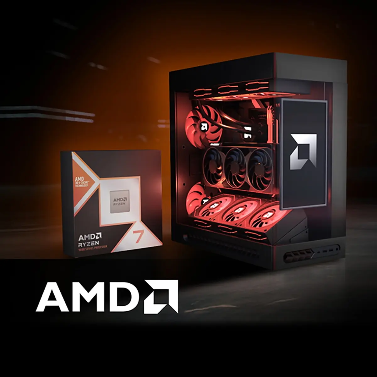 علبة معالج AMD Ryzen 7 9850X3D بجانب جهاز ألعاب مكتبي