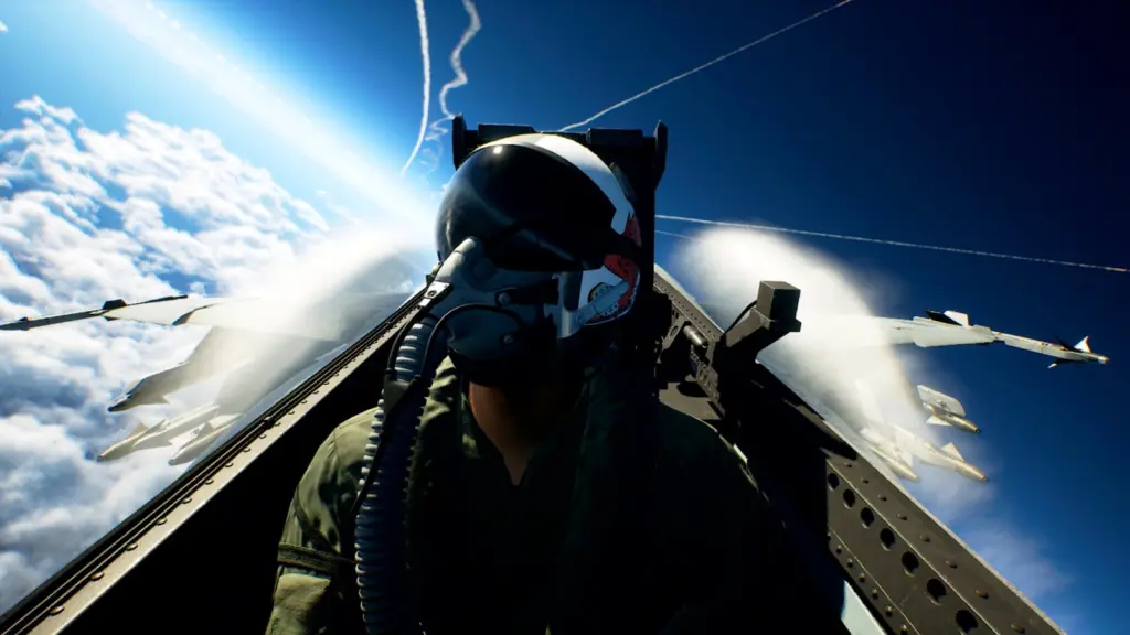 طيار داخل مقصورة طائرة مقاتلة في لعبة Ace Combat 8: Wings of Theve
