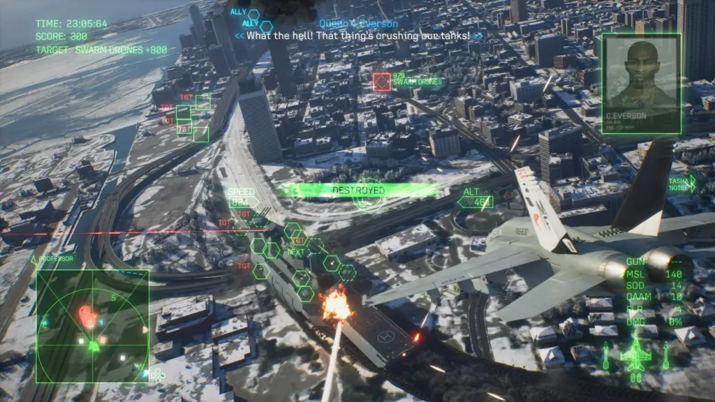 معركة جوية فوق مدينة مغطاة بالثلج في لعبة Ace Combat 8: Wings of Theve