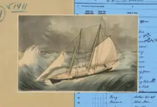 تصميم فني من Anthropic: رسم قديم لمركب شراعي فوق قائمة ركاب مكتوبة بخط اليد