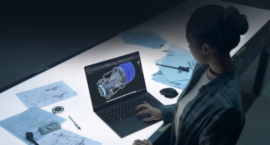 مصممة تعمل على لابتوب ASUS ProArt P14 في مشروع هندسي