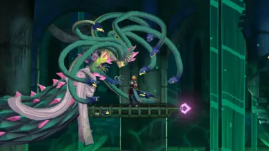 زعيم بشعر أخطبوطي أخضر أمام البطلة في لعبة Castlevania: Belmont's Curse
