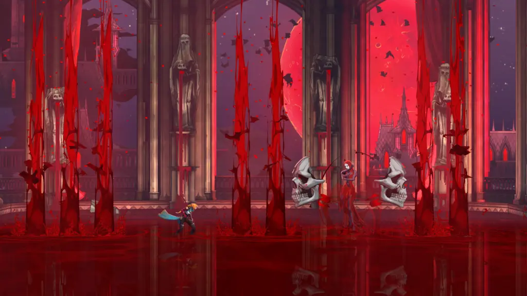 قاعة غمرها الدم وتماثيل حجرية في Castlevania: Belmont's Curse