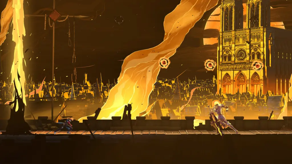 باريس الملتهبة بخلفية كاتدرائية نوتردام في Castlevania: Belmont's Curse