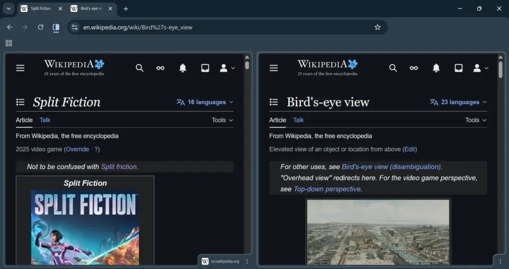 نافذة Chrome تعرض صفحتين جنبًا إلى جنب