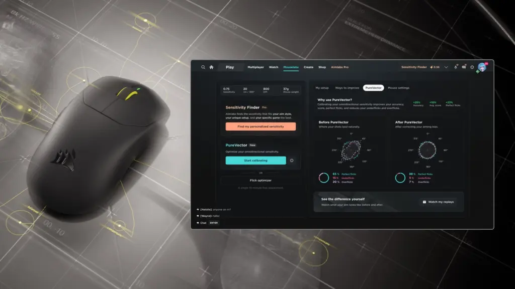 واجهة PureVector في برنامج الويب لفأرة Corsair Sabre V3 Pro