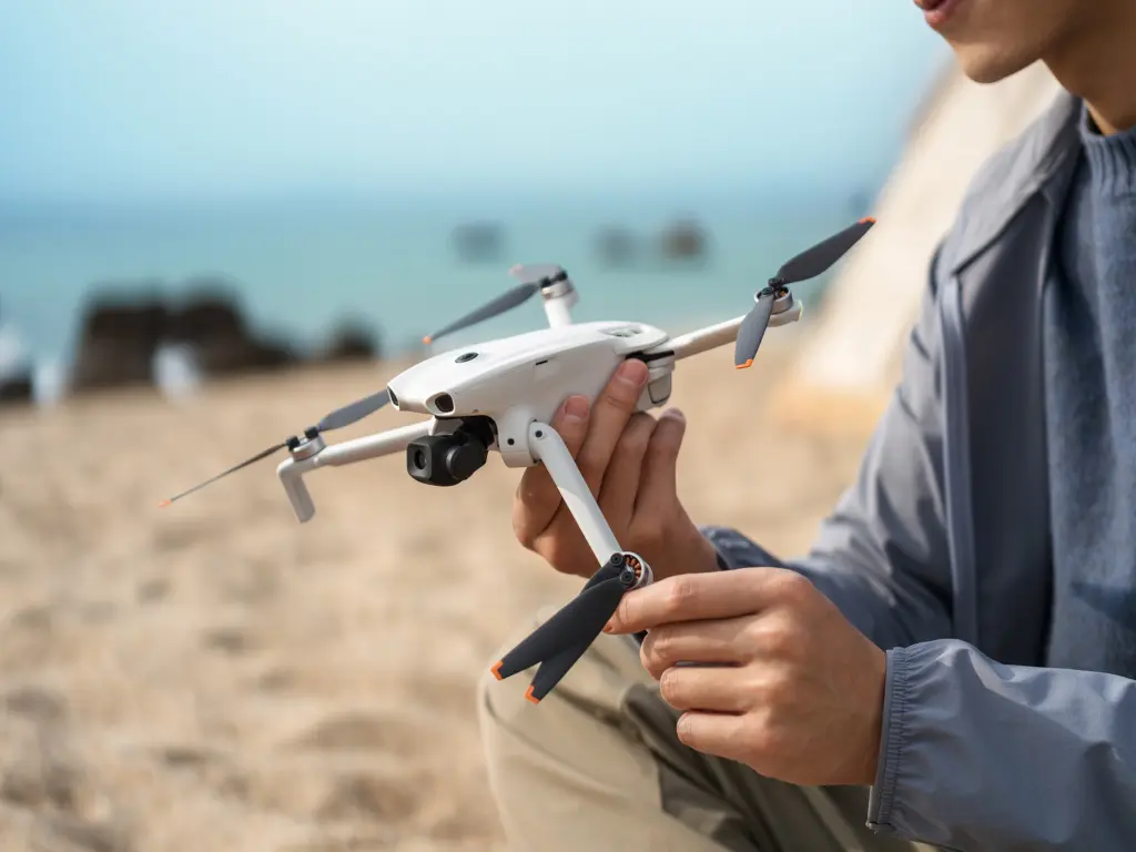 مستخدم يمسك طائرة DJI Lito 1 المطوية على الشاطئ