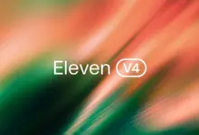 غلاف ElevenLabs الرسمي لنموذج Eleven v4 بألوان برتقالية وخضراء