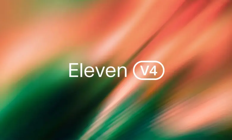 غلاف ElevenLabs الرسمي لنموذج Eleven v4 بألوان برتقالية وخضراء