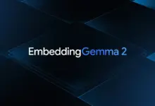 شعار EmbeddingGemma 2 على خلفية زرقاء داكنة