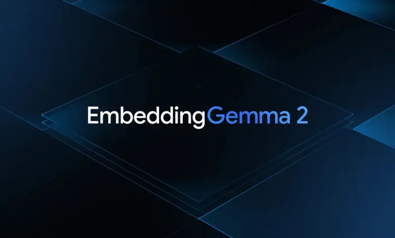 شعار EmbeddingGemma 2 على خلفية زرقاء داكنة