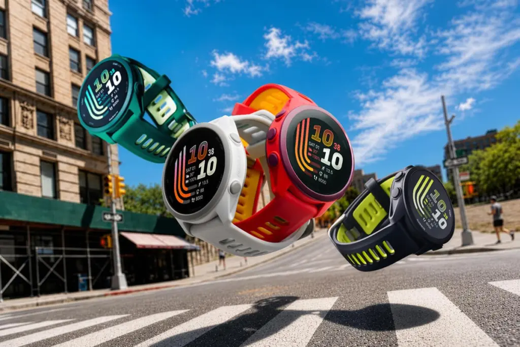 ساعات Garmin Forerunner 70 بألوان مختلفة معلّقة في الهواء فوق شارع في المدينة