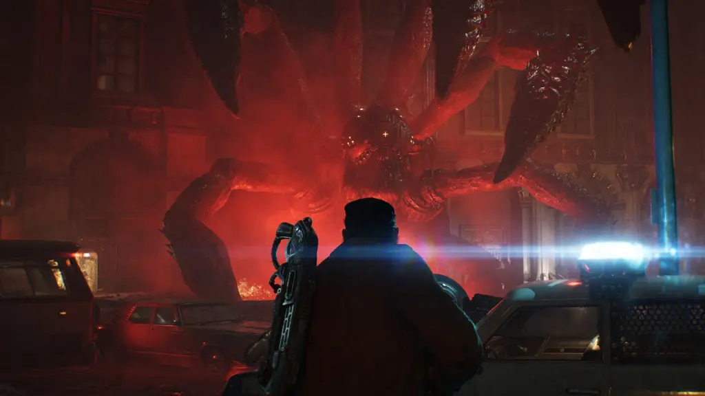 وحش ضخم من الـ Locust في مشهد أحمر من Gears of War: E-Day