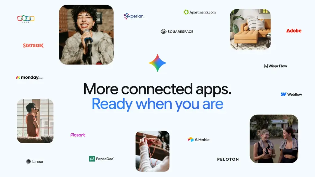 شعارات التطبيقات الجديدة المتصلة بـ Gemini ومنها Adobe وAirtable وPeloton