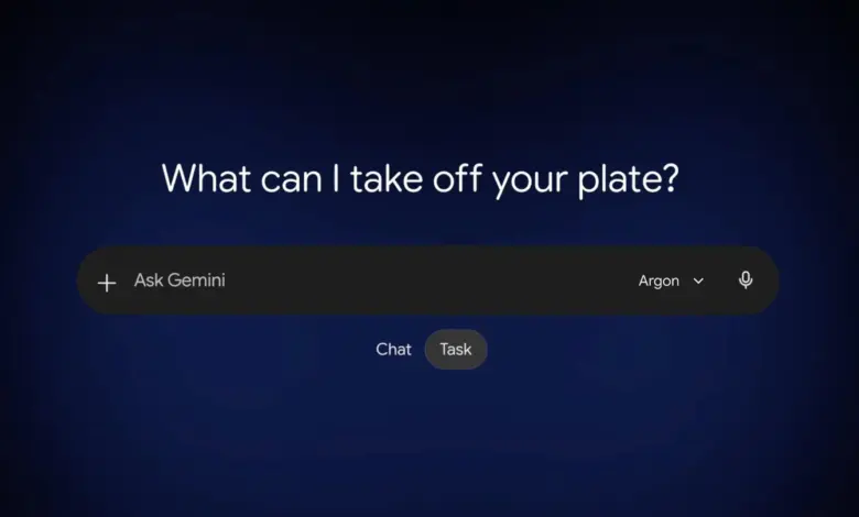واجهة تطبيق Gemini مع مفتاح Chat وTask تحت مربع الكتابة ونموذج Argon
