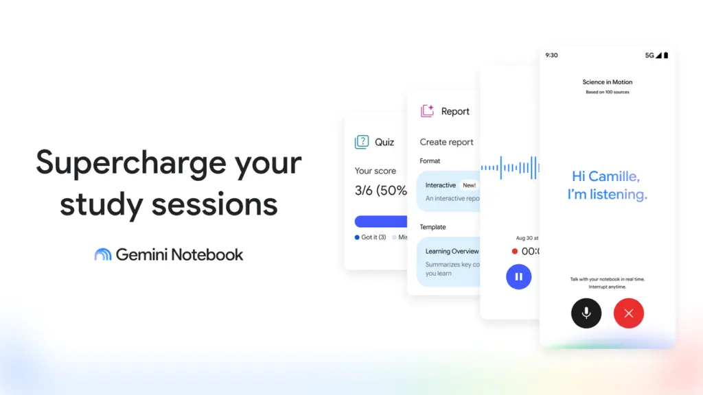 واجهة Gemini Notebook تعرض اختبارًا وتقريرًا ومحادثة صوتية لجلسات الدراسة