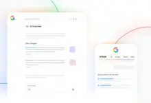رسم لواجهة AI Overview ونتائج AI Mode في بحث Google