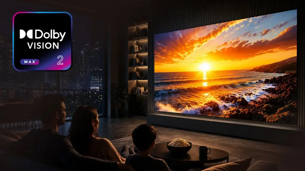 لقطة ترويجية لتلفزيون Hisense UR9 يعرض صورة غروب بدعم Dolby Vision