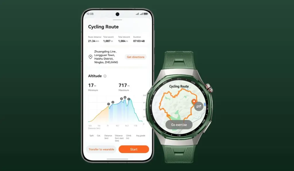 مسار ركوب دراجة معروض على هاتف وعلى ساعة Huawei Watch GT 7 Pro
