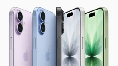 أربعة أجهزة iPhone 17 بألوان مختلفة تعرض شاشاتها وخلفياتها