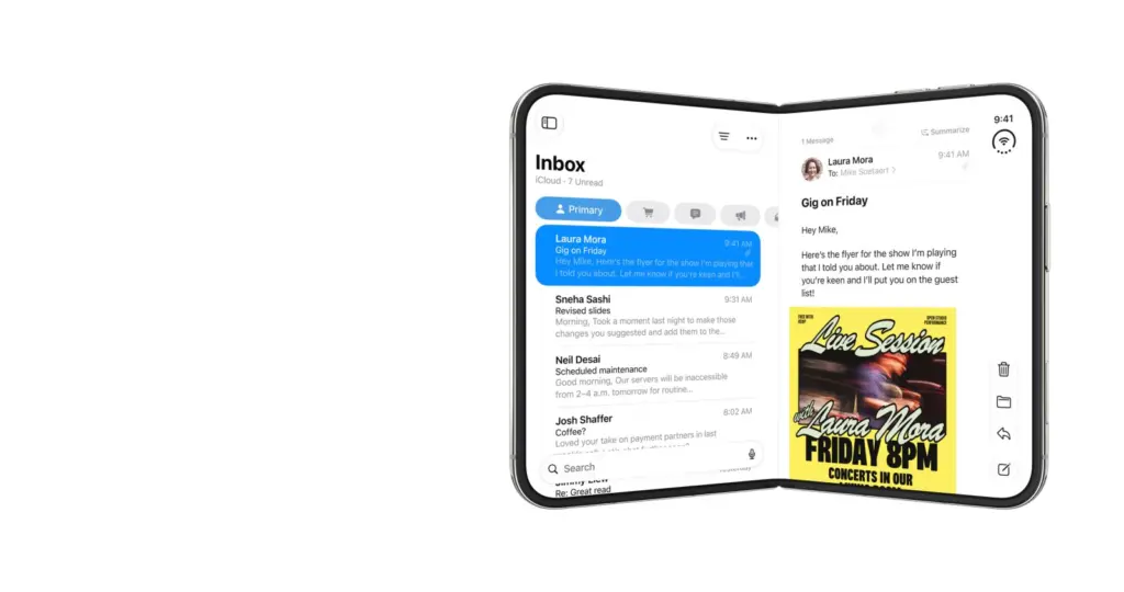 تطبيق البريد بلوحتين على الشاشة الداخلية لـ iPhone Duo