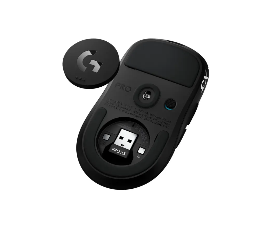 أسفل فأرة Logitech PRO X3 SUPERSTRIKE ومكان تخزين المستقبل