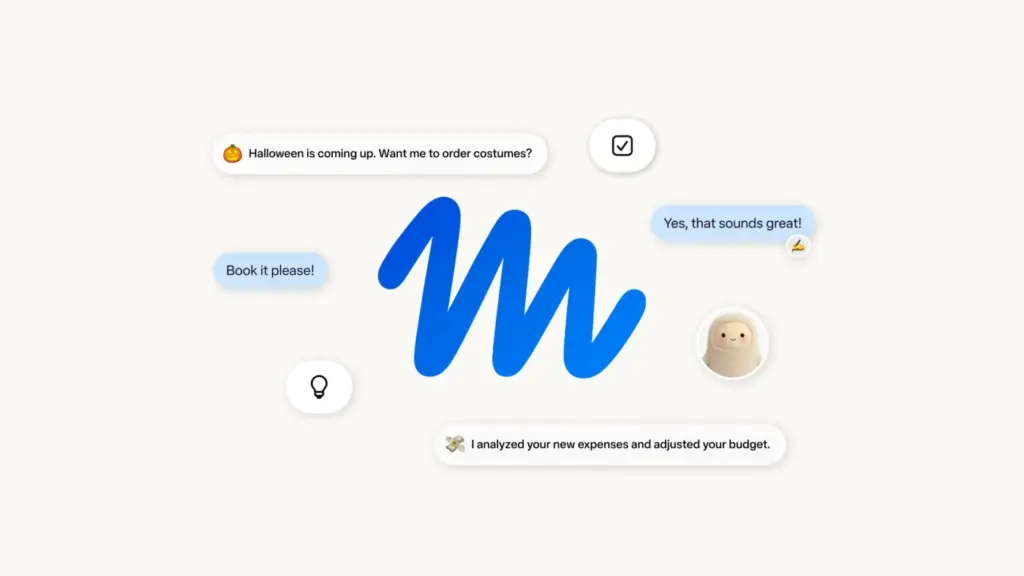 شعار Muse من Meta وفقاعات محادثة تظهر فيها مهام الوكيل مثل حجز موعد وتعديل الميزانية