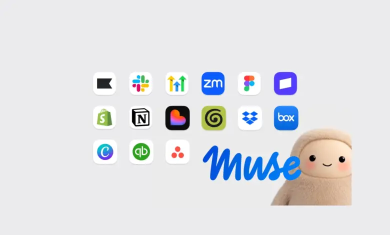 شعار Muse من Meta مع أيقونات تطبيقات متصلة ومجسم Muse