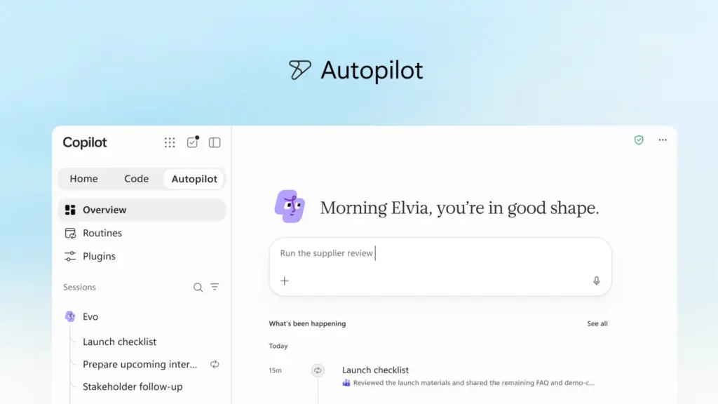 شاشة Autopilot في تطبيق Copilot
