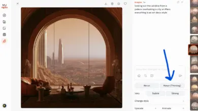 واجهة Midjourney Alpha وفيها زر Rerun (Thinking)