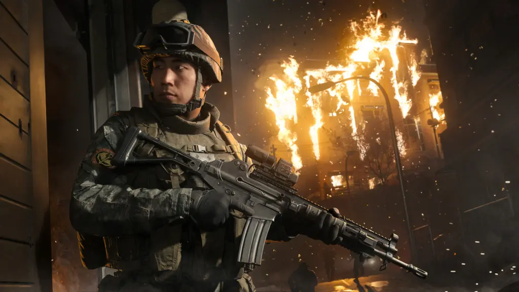 جندي كوري جنوبي أمام مبنى يشتعل في حملة Modern Warfare 4