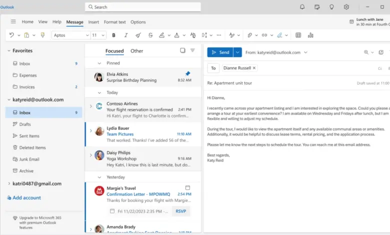 واجهة Outlook الجديد لويندوز مع الصندوق الوارد وحسابين متصلين