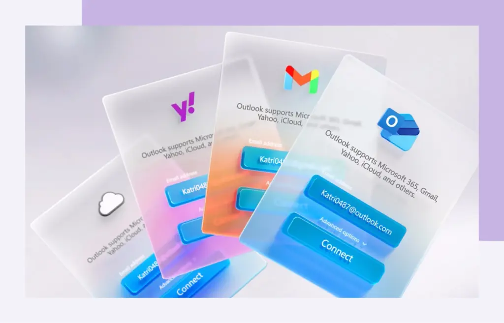رسم توضيحي لحسابات Gmail وYahoo وiCloud وOutlook المتصلة في Outlook الجديد لويندوز