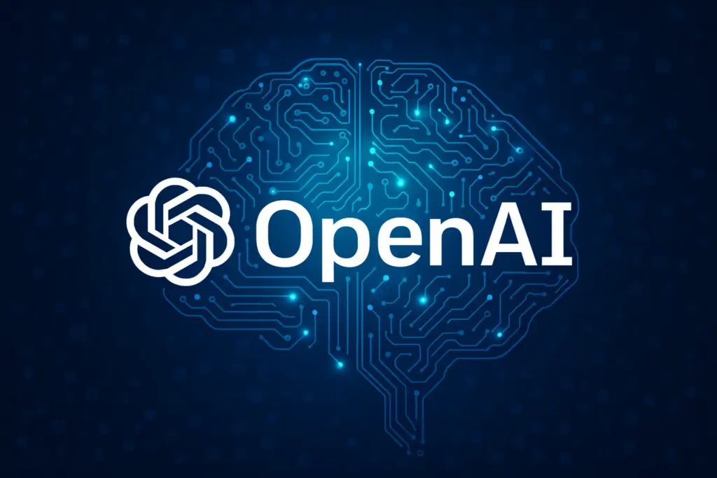 شعار OpenAI فوق رسم لدماغ إلكتروني