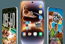 ثلاثة هواتف vivo بواجهة OriginOS 7 وملصقات وقطة على الشاشة الرئيسية