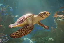 سلحفاة بحرية تسبح قرب الشعاب في لعبة Planet Zoo 2