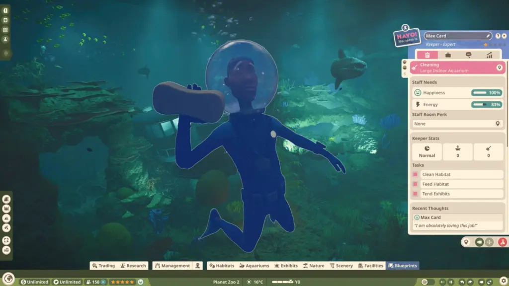 عامل غوص داخل حوض مائي مع لوحة بيانات الموظف في Planet Zoo 2