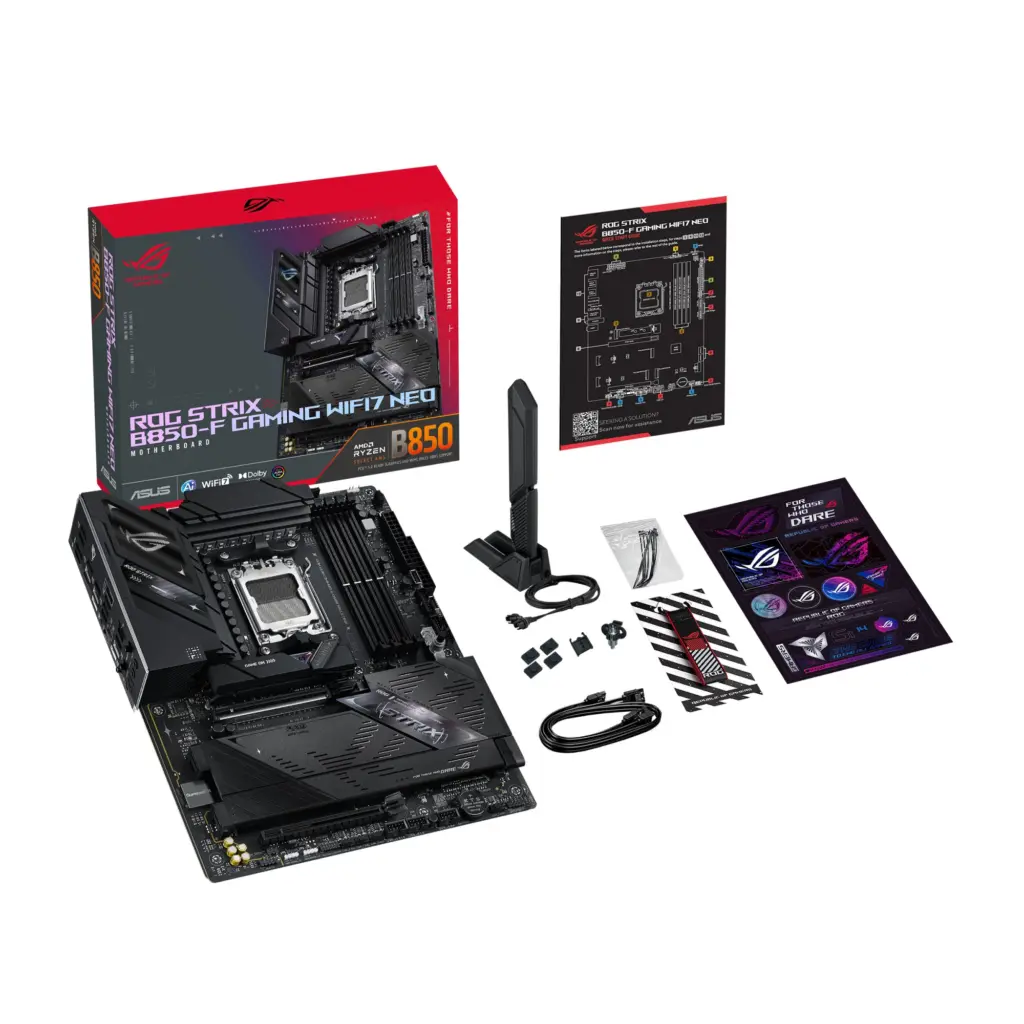 علبة ROG Strix B850-F Gaming WiFi7 Neo وملحقاتها