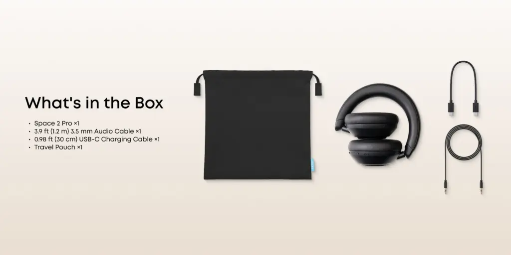 محتويات علبة Soundcore Space 2 Pro والحقيبة القماشية
