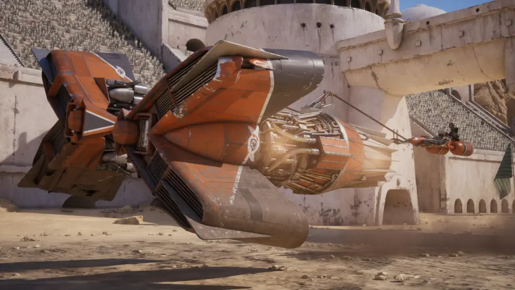 مركبة سباق داخل ساحة حجرية بتصميم يشبه ميدان سباق قديم في Star Wars: Galactic Racer